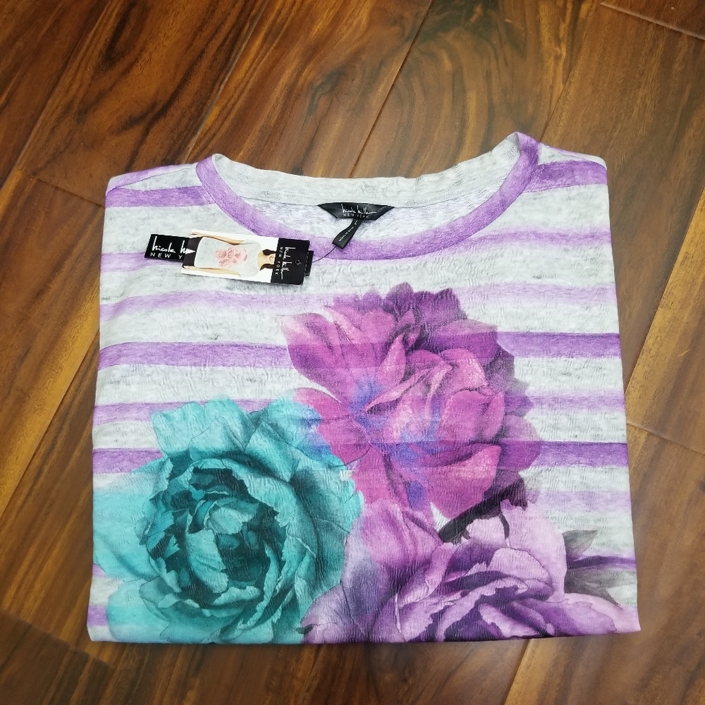 Nicole Miller NY NWT Cap Sleeve Top Multi-Color Floral Striped Polyester Size L
